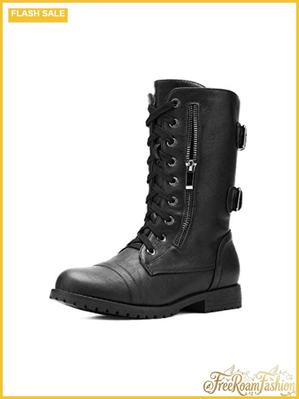 Women's Mid-Calf Combat Boots Lace-Up Side Zipper Faux Fur Lined PU Leather
